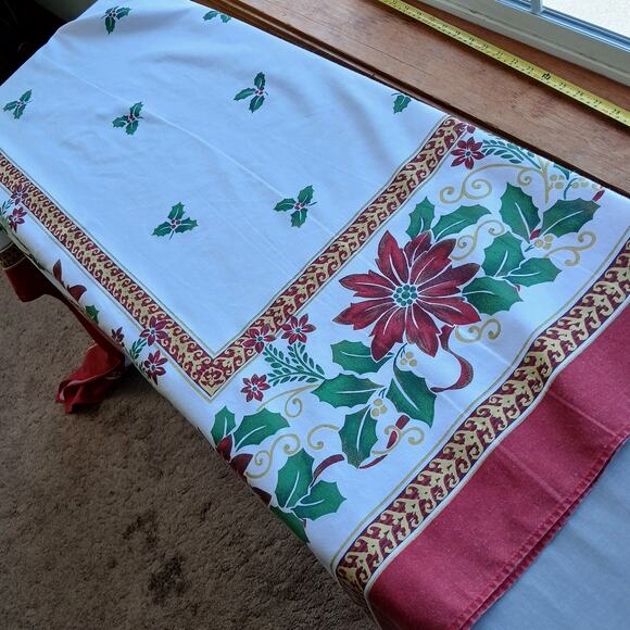 Vintage Christmas Poinsettia tablecloth 68" x 50" holly red green gold linen - Picture 1 of 5